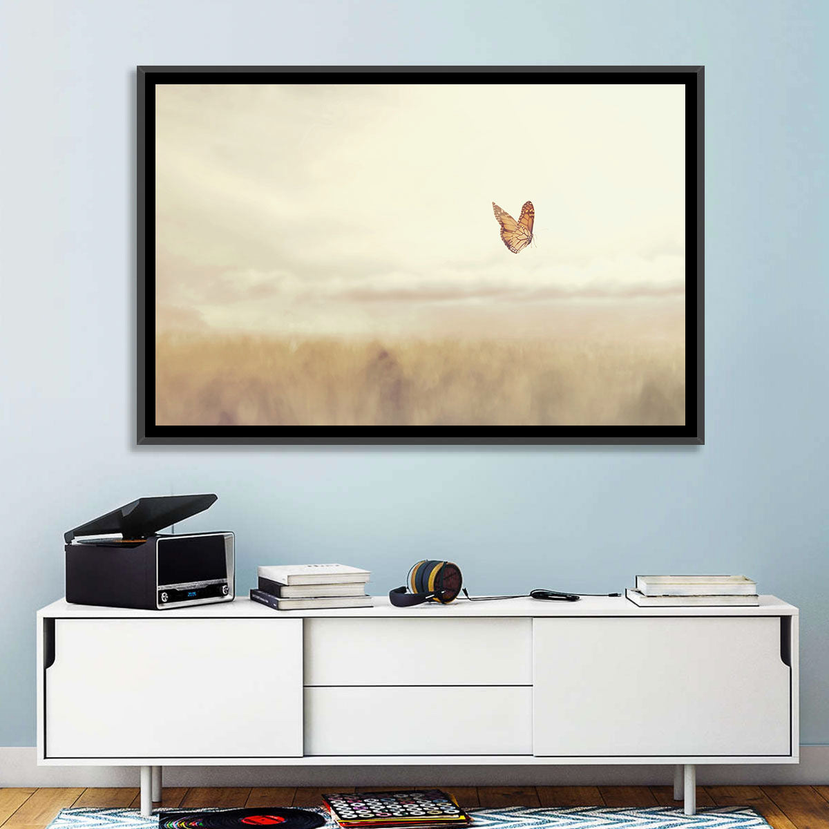Monarch Over Beige Field Wall Art in a room, landscape