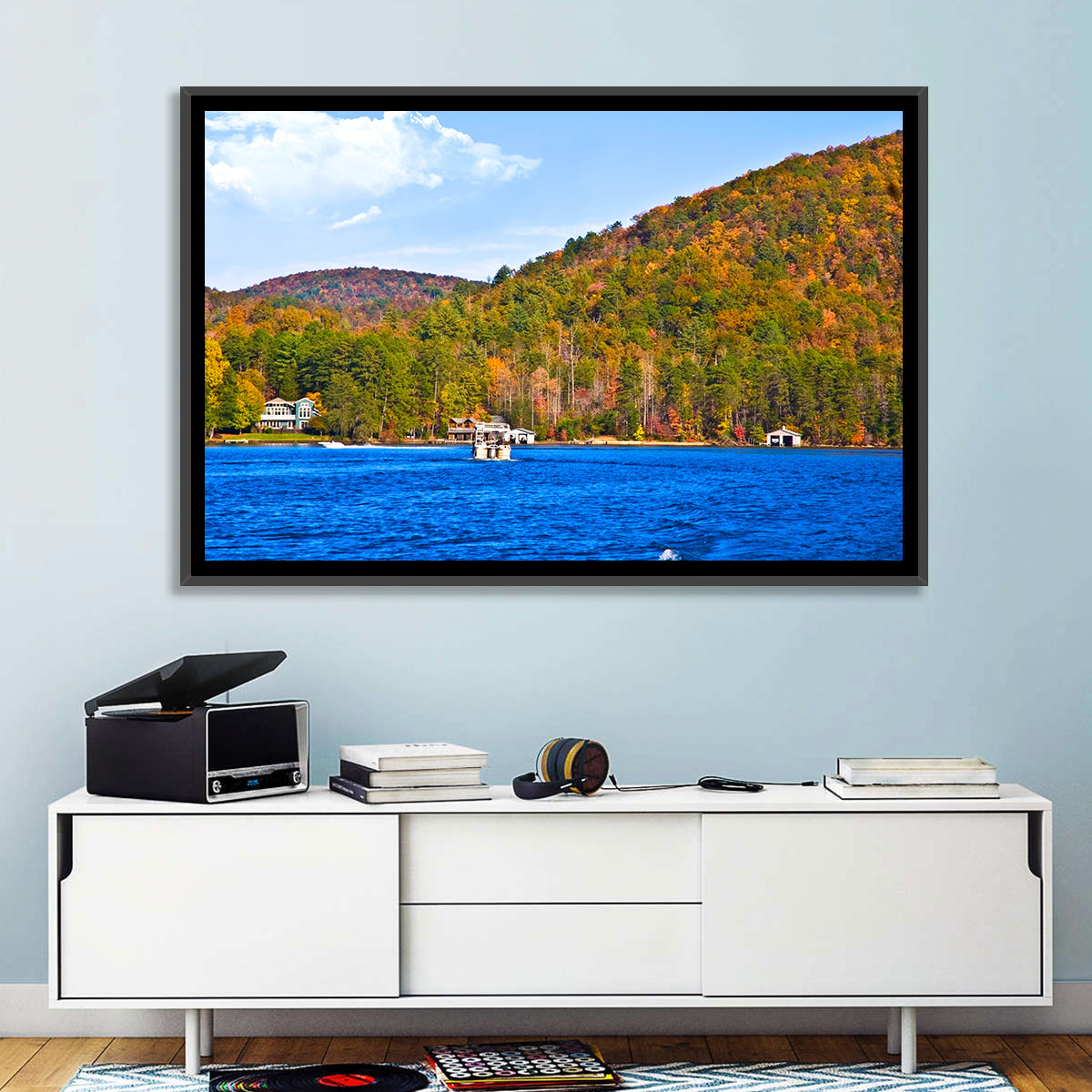 Lake Burton Autumn View Wall Art in a room, landscape