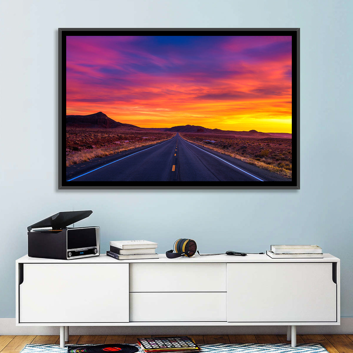 Infinite Desert Road Sunset Wall Art in a room, landscape