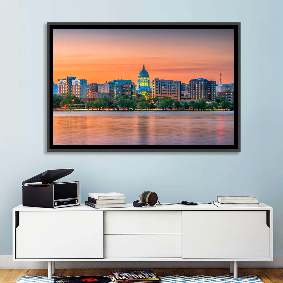 Madison State Capitol Skyline Wall Art in a room, landscape