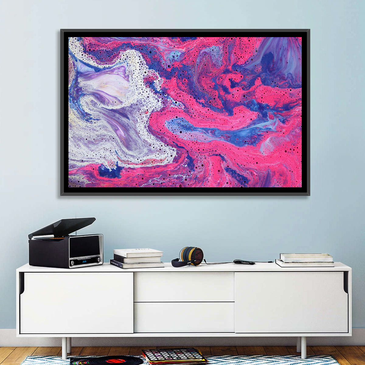 Magenta Bubble Fluid Abstraction Wall Art in a room, landscape