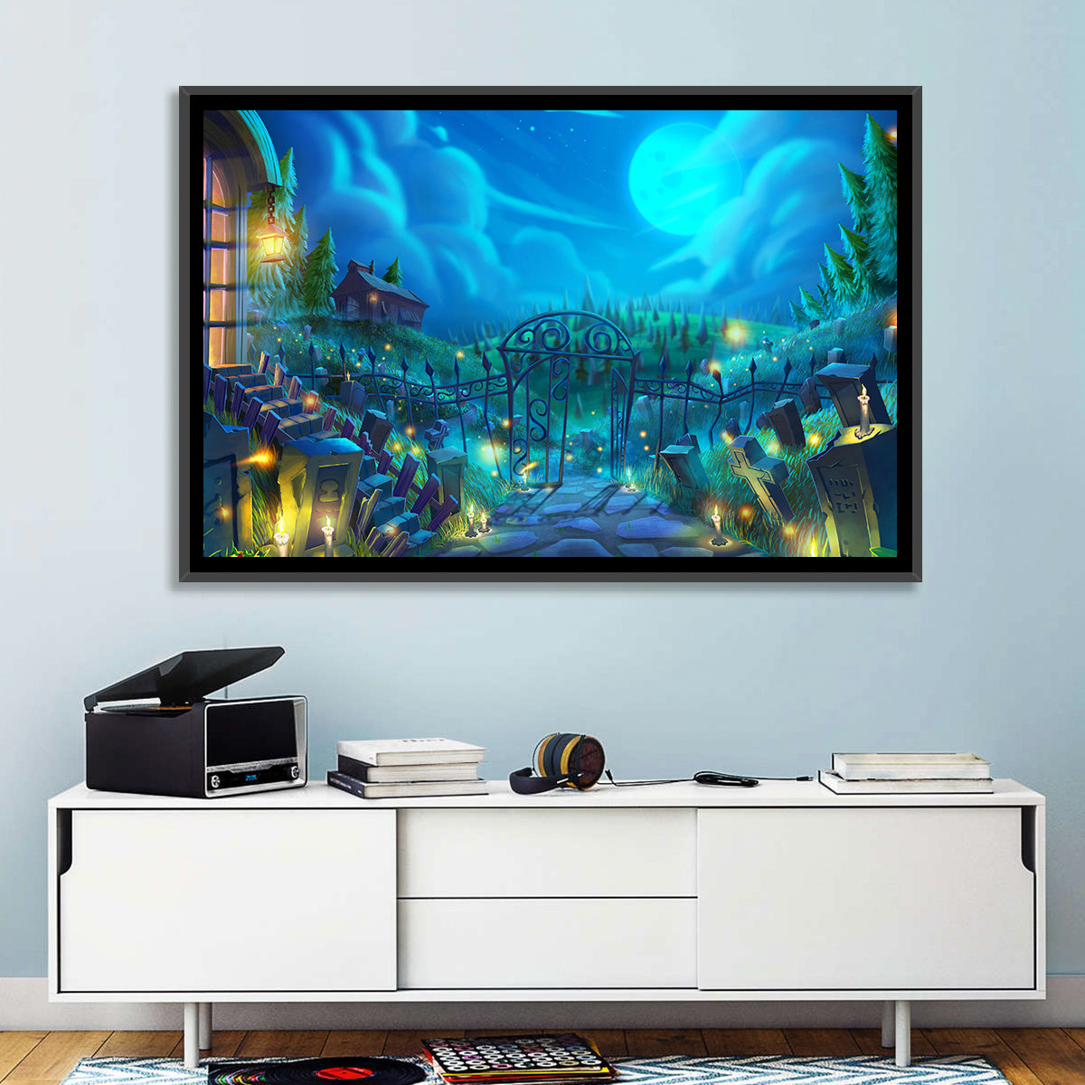 Halloween Cemetery Gate Illustration Wall Art in a room, landscape