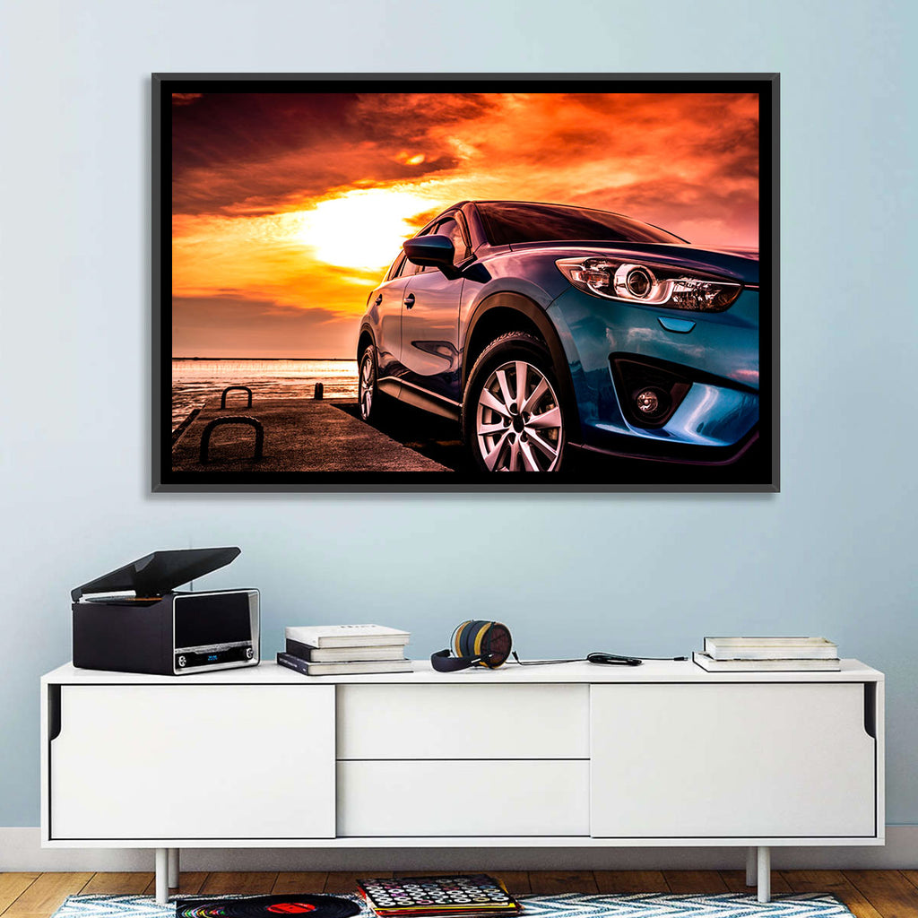 Suv on Pier at Sunset Wall Art