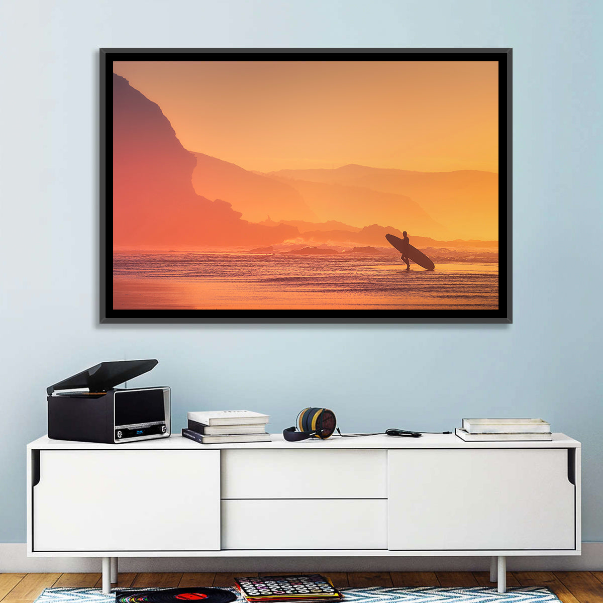 Surfer Silhouette at Golden Sunset Wall Art