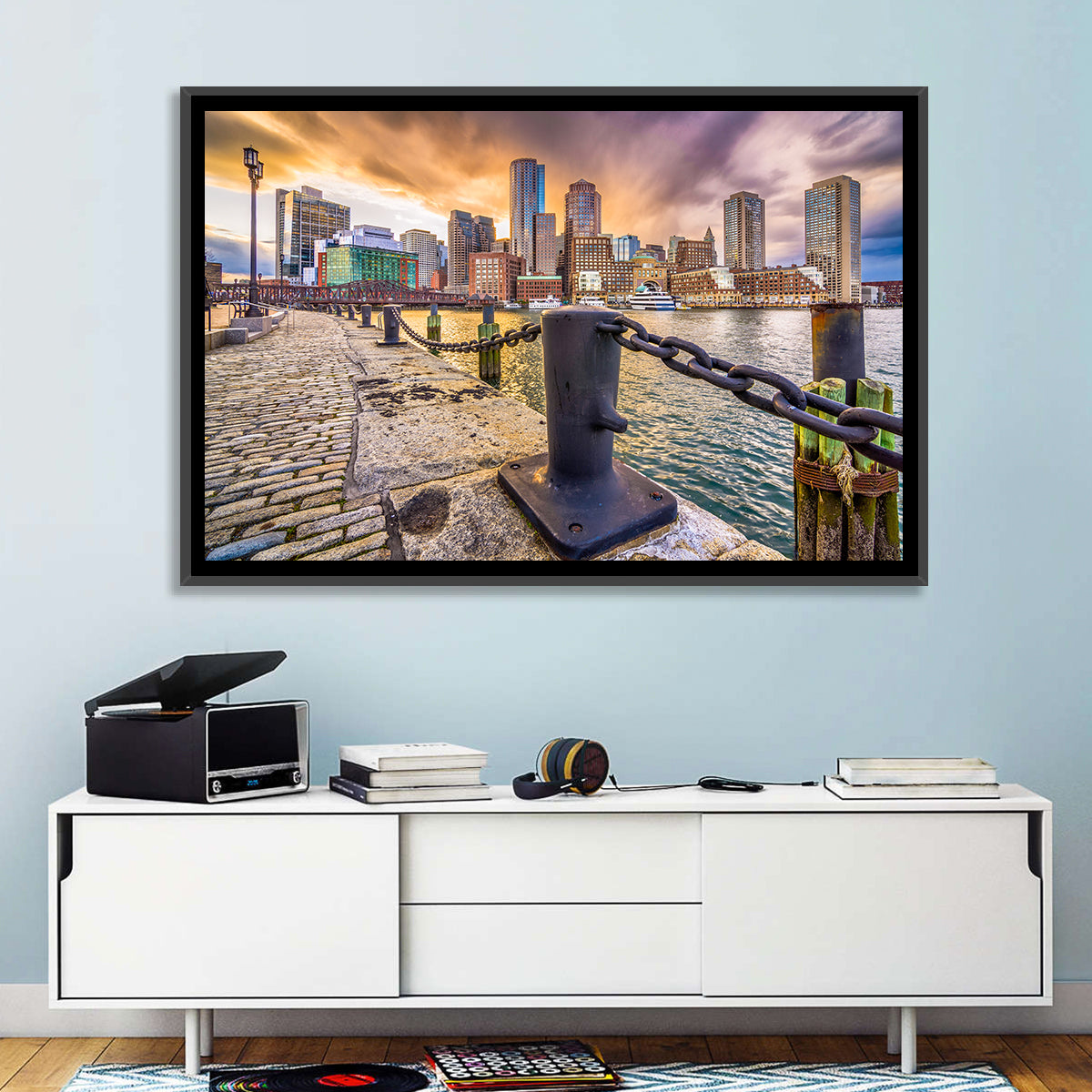 Boston Harbor at Dusk Wall Art in a room, landscape