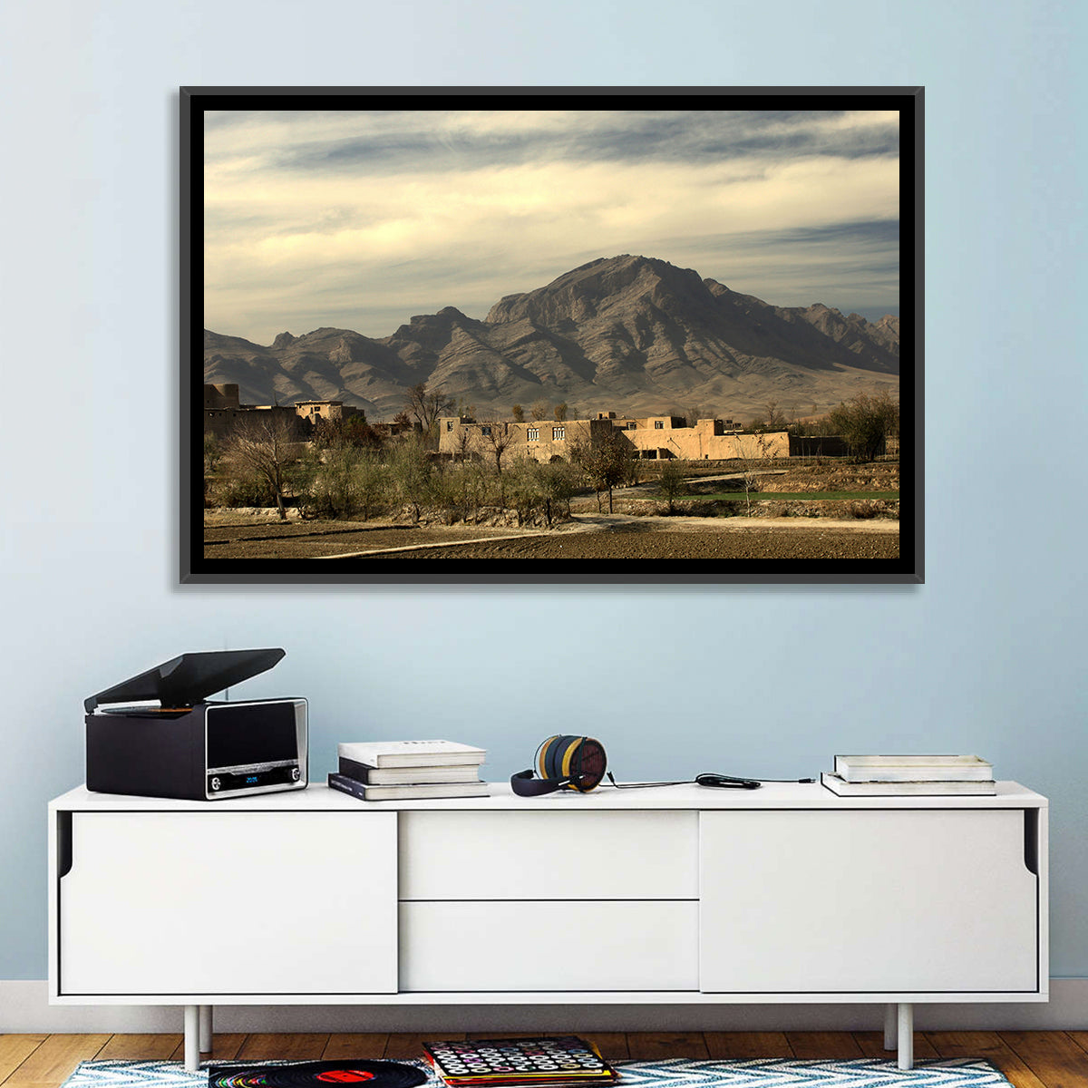 Afghan Mountain Village Wall Art in a room, landscape