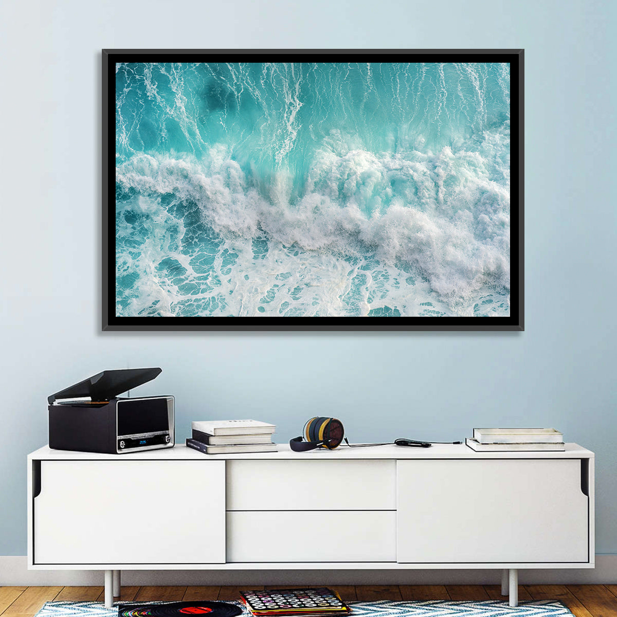 Top Down Turquoise Wave Wall Art in a room, landscape