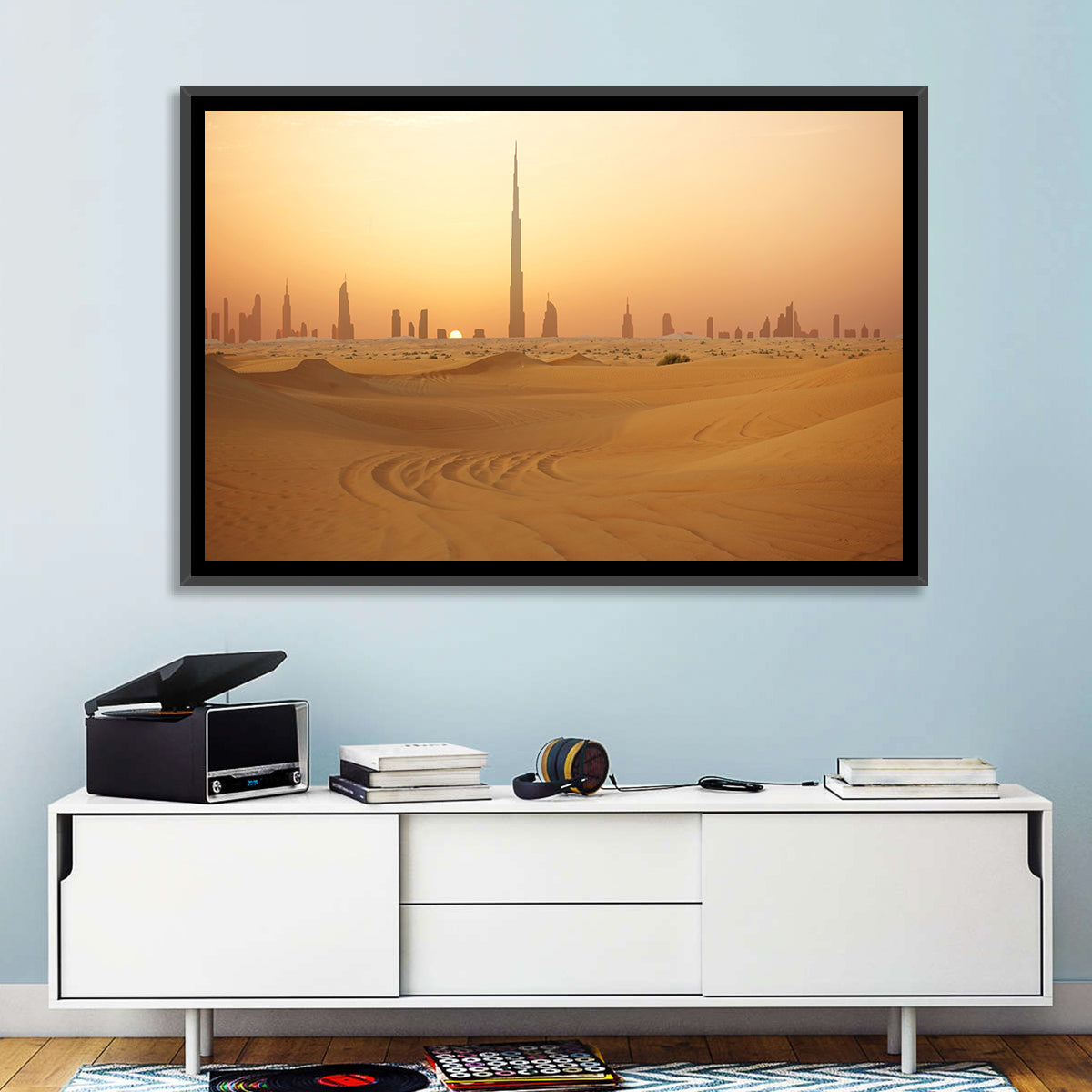Dubai Skyline at Sunset Wall Art in a room, landscape