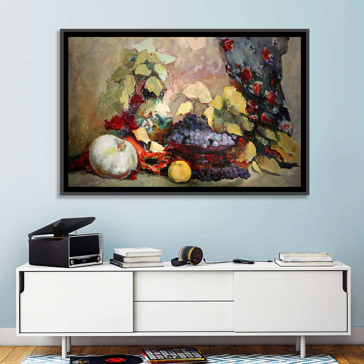 Grapes and Melon Still Life Wall Art in a room, landscape
