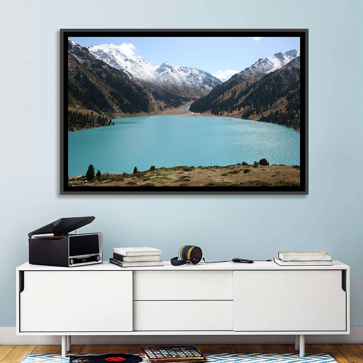 Big Almaty Lake Wall Art in a room, landscape