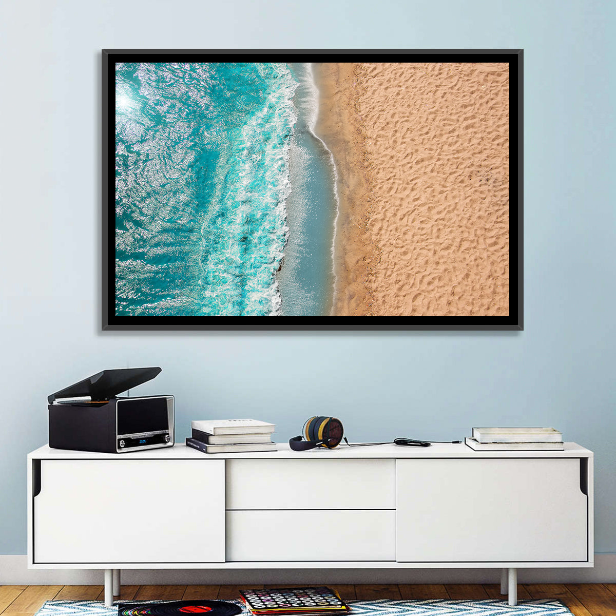 Turquoise Coastline Aerial Wall Art in a room, landscape