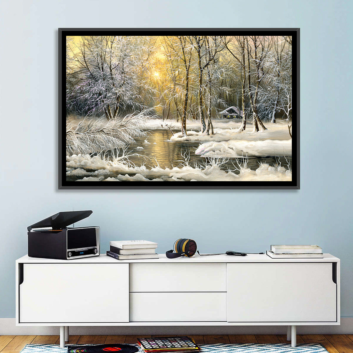 Sunlit Winter Cabin Wall Art in a room, landscape