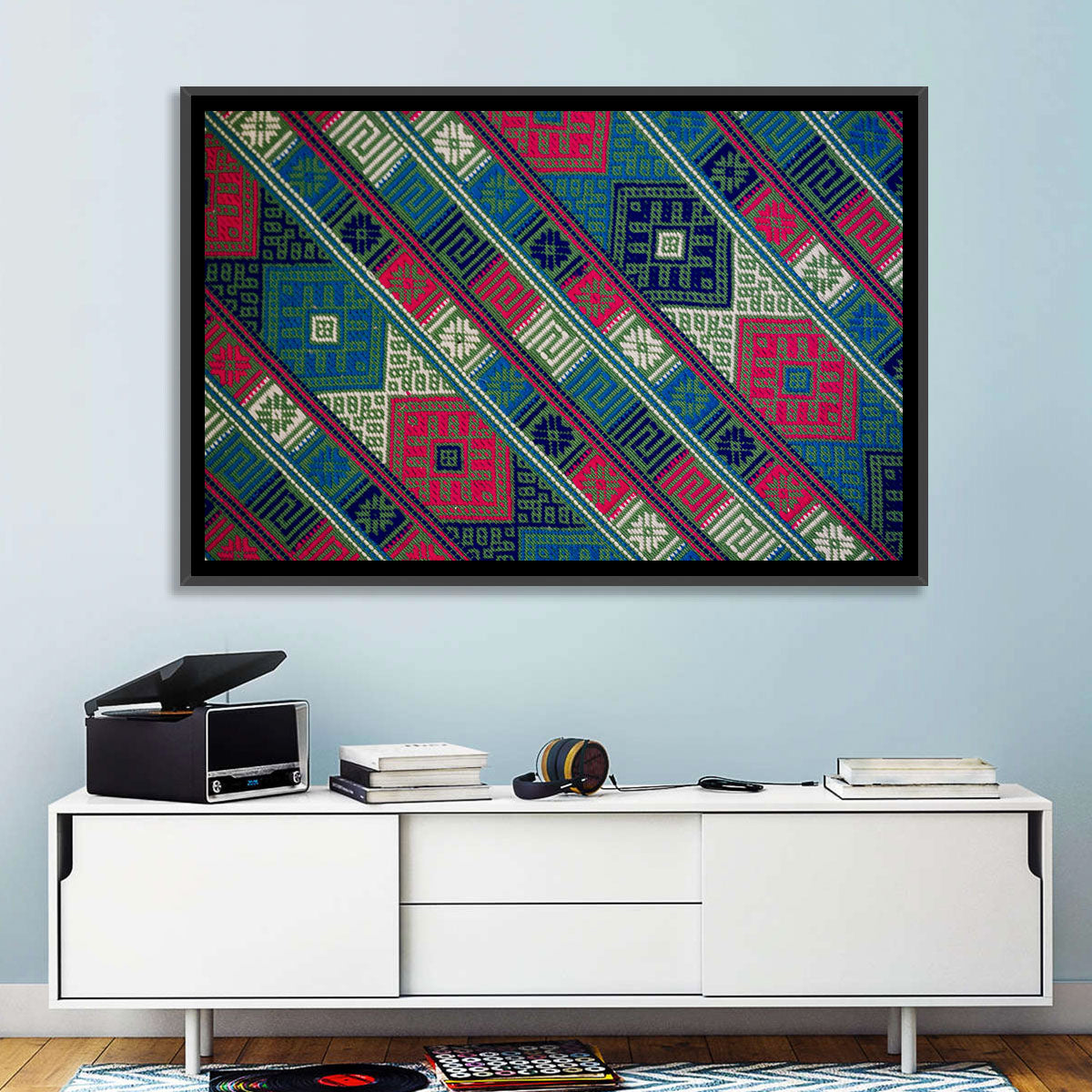 Handwoven Geometric Textile Wall Art in a room, landscape