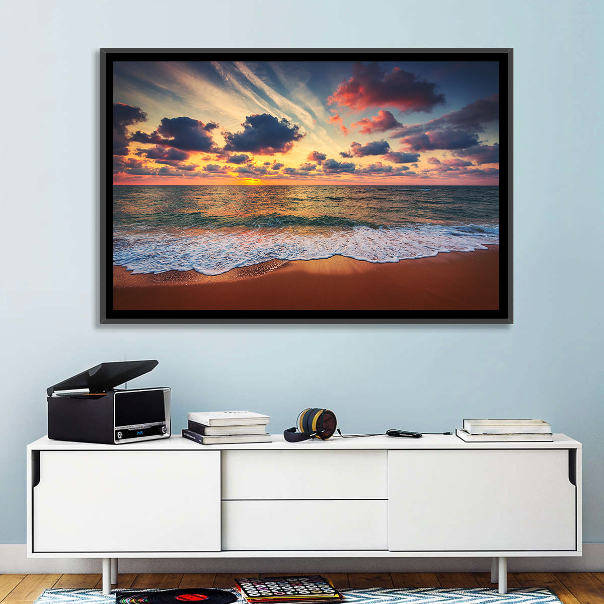 Golden Hour Beach Waves Under Cloudy Sky Wall Art in a room, landscape
