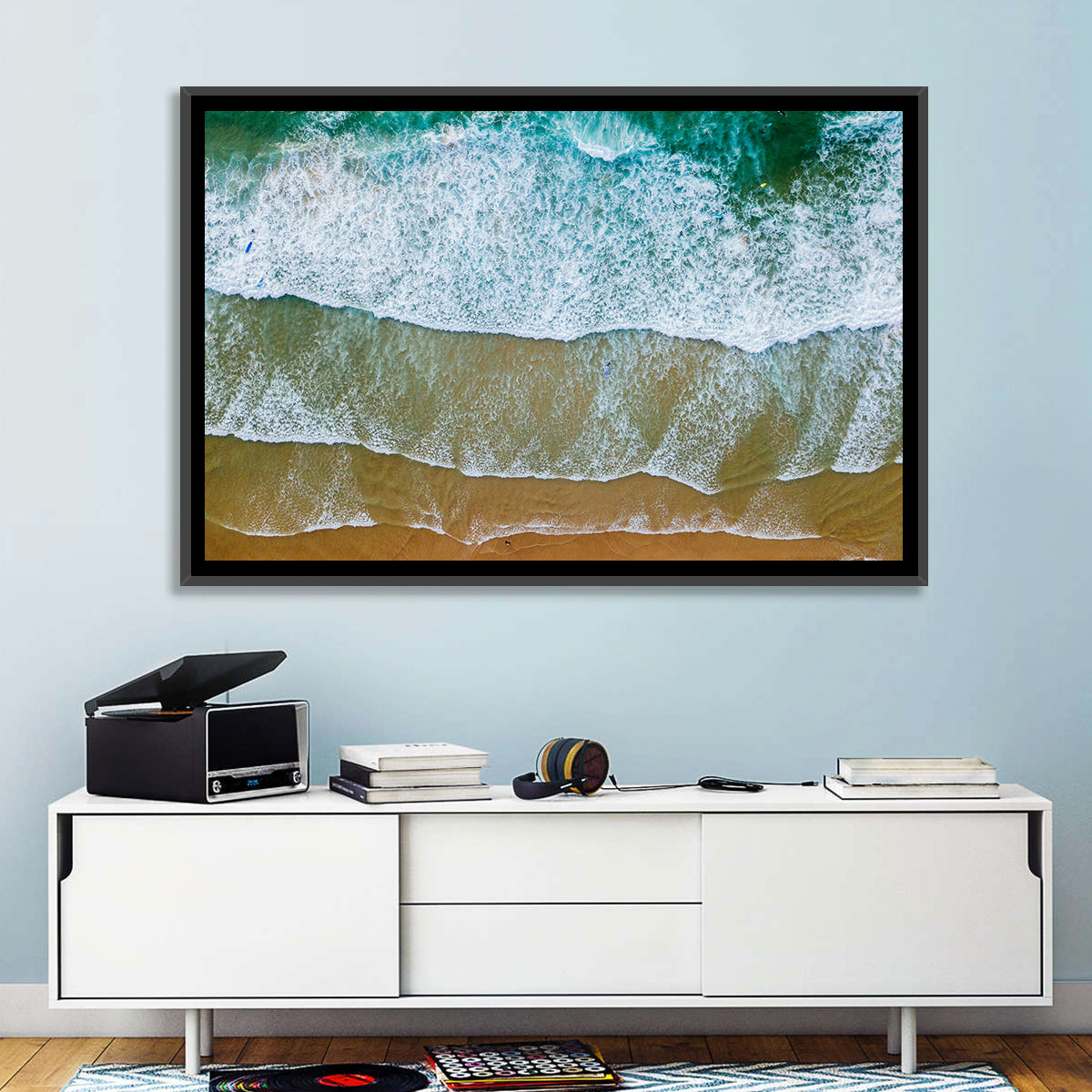 Aerial Teal Beach with Surfers Wall Art in a room, landscape