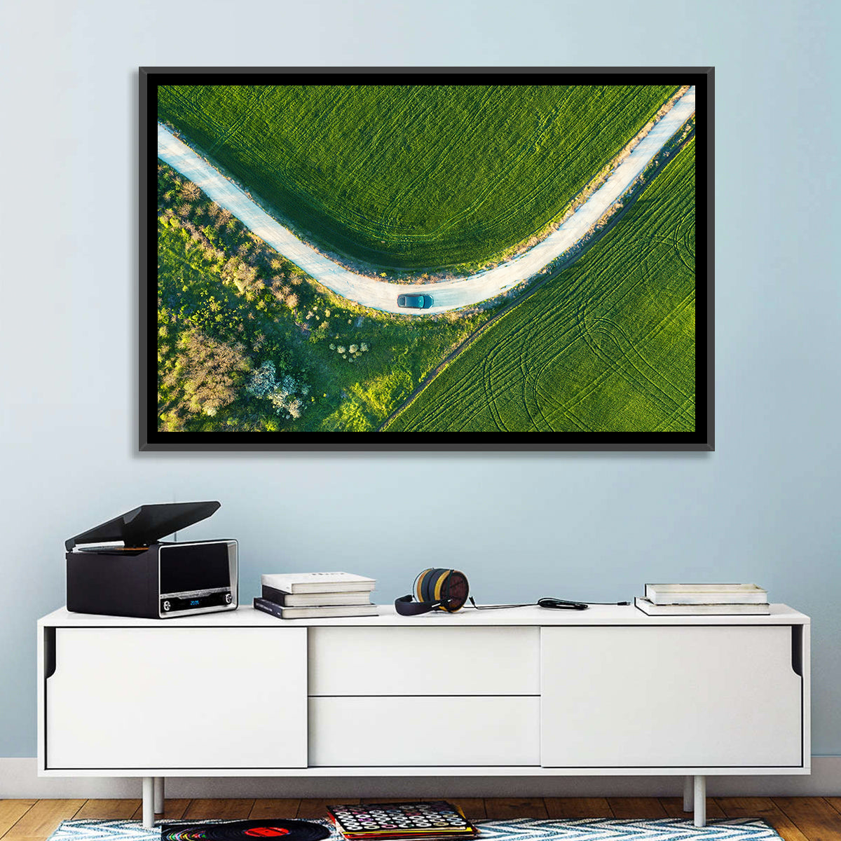 Aerial Farm Fields at Golden Hour Wall Art in a room, landscape