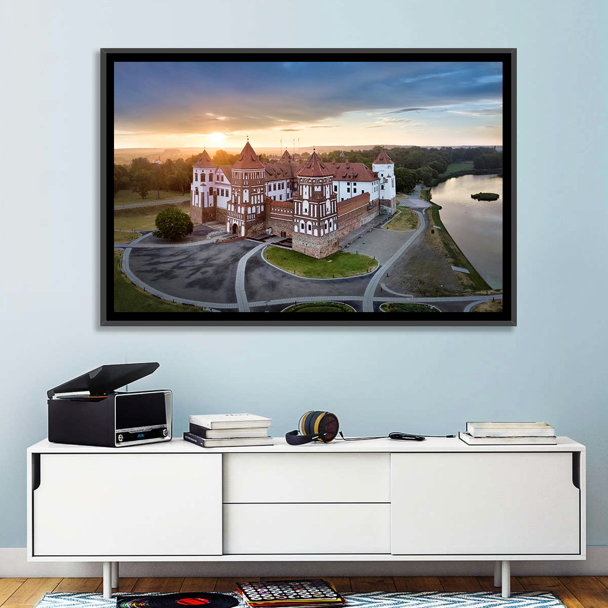 Mir Castle Sunrise Over Lake Wall Art in a room, landscape