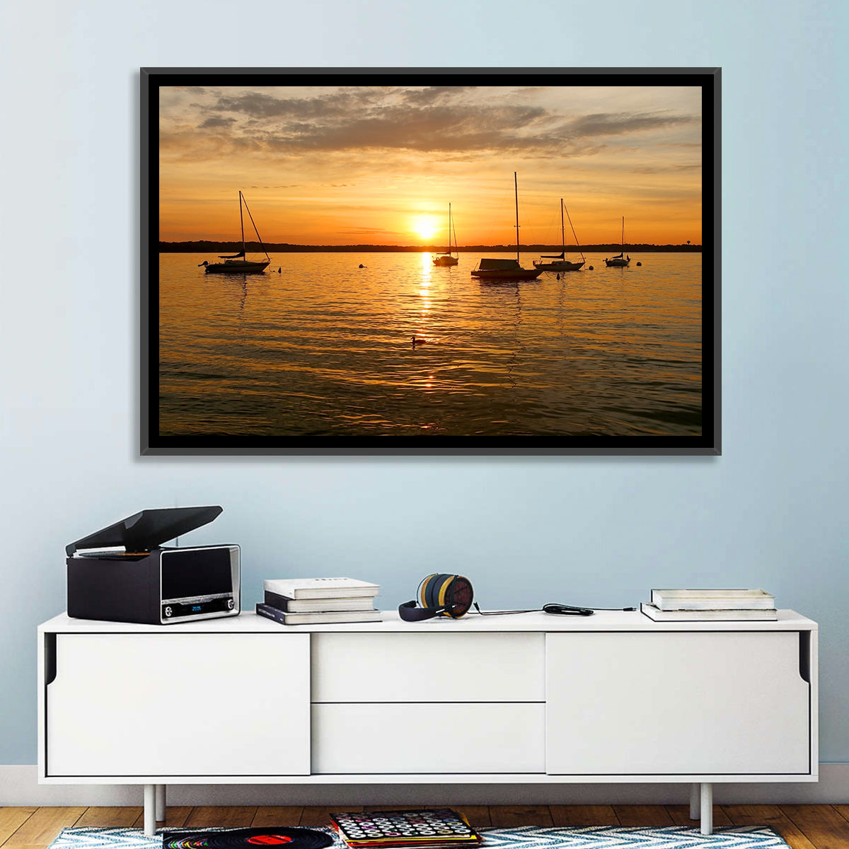 Lake Mendota Golden Sailboats Wall Art in a room, landscape