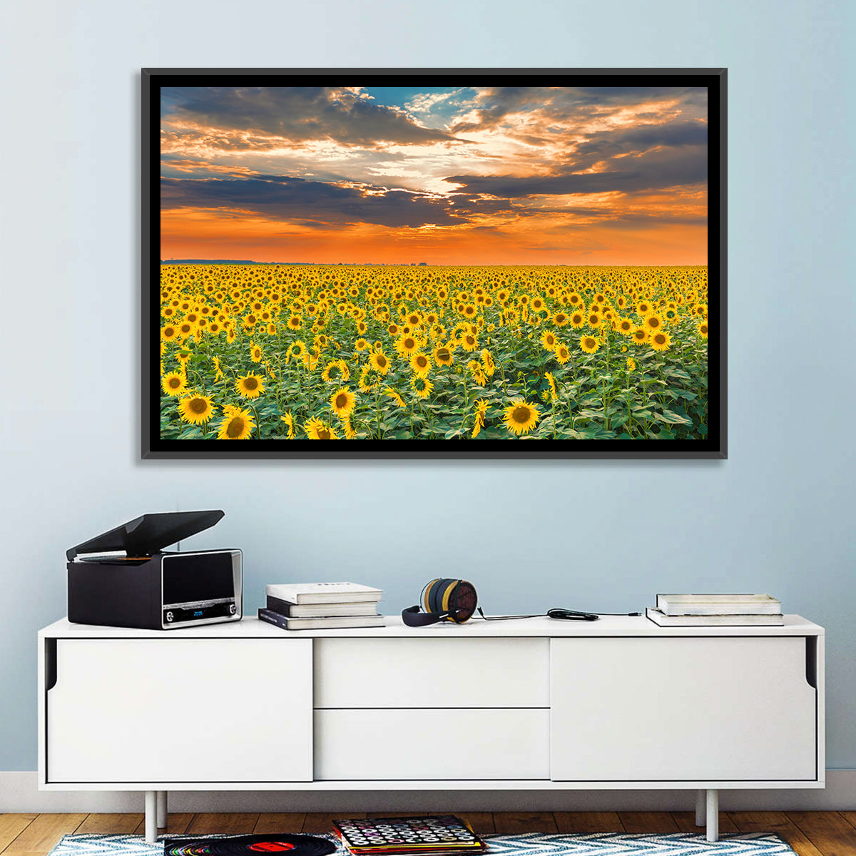 Golden Hour Sunflower Field Wall Art in a room, landscape