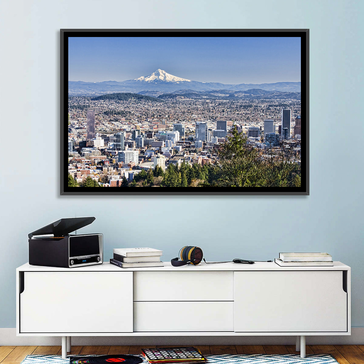 Portland Skyline with Mount Hood Wall Art in a room, landscape