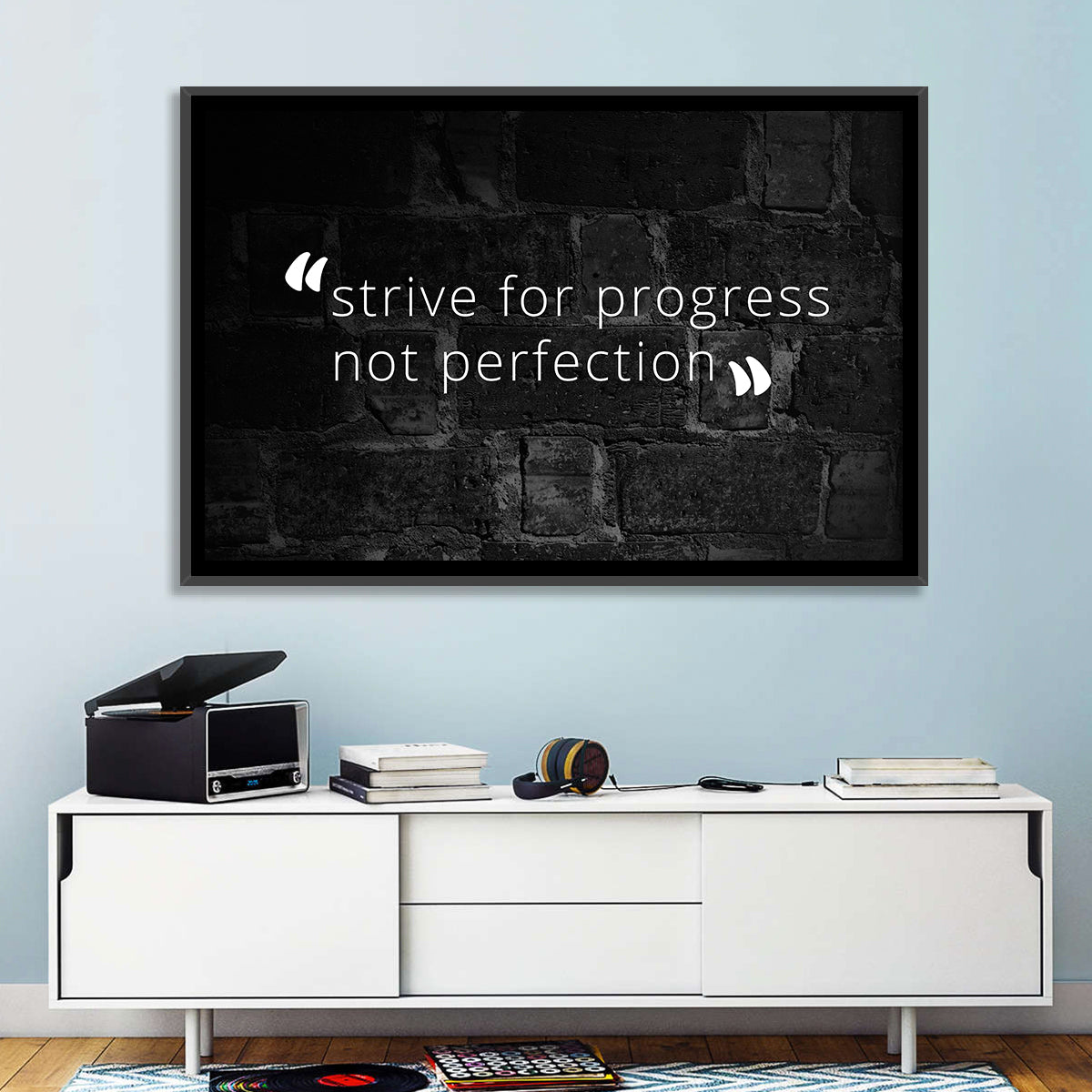 Strive for Progress Brick Typography Wall Art in a room, landscape