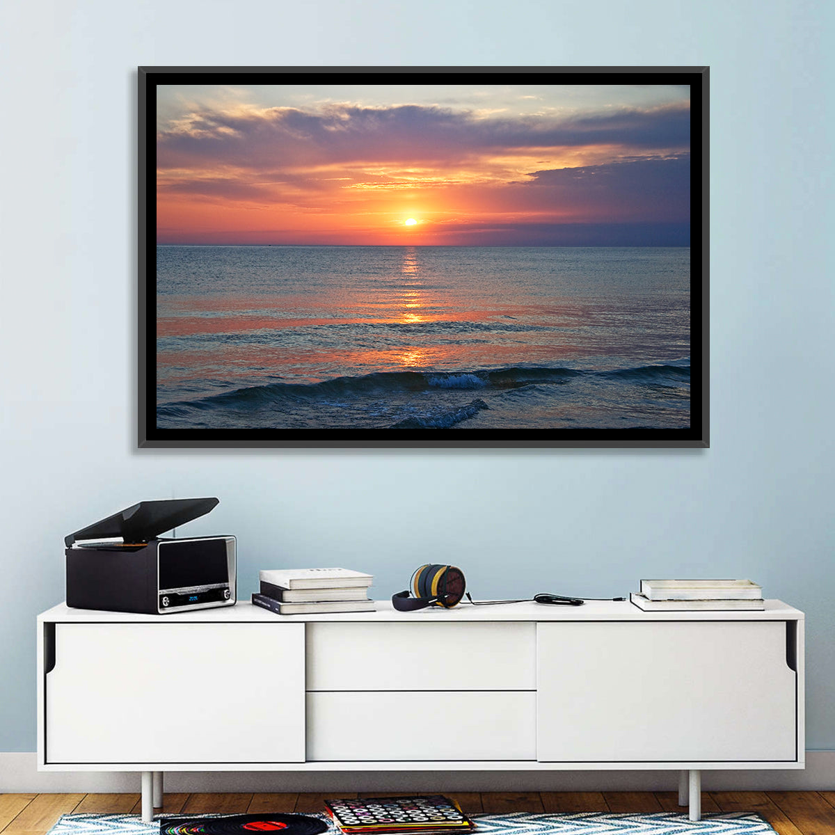 Lake Michigan Sunset Reflection Wall Art in a room, landscape