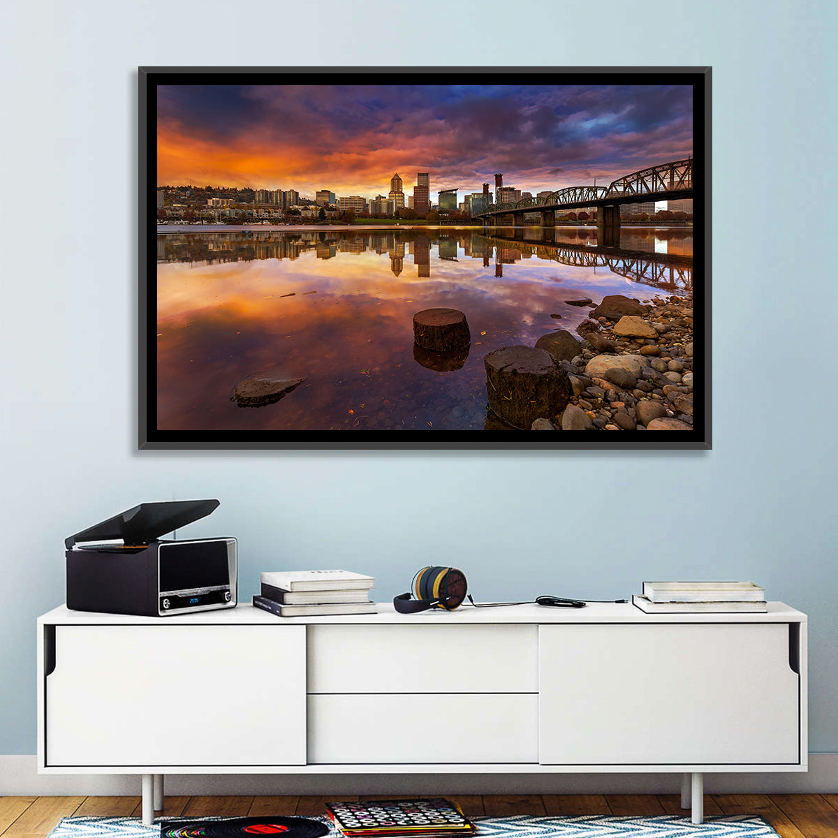 Portland Skyline at Sunset Wall Art in a room, landscape