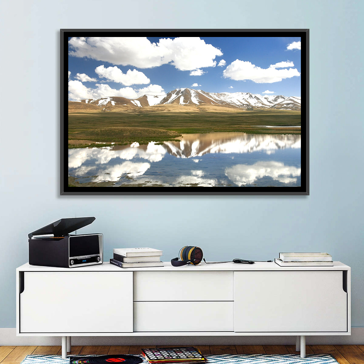 Song Kul Lake Reflection Wall Art in a room, landscape