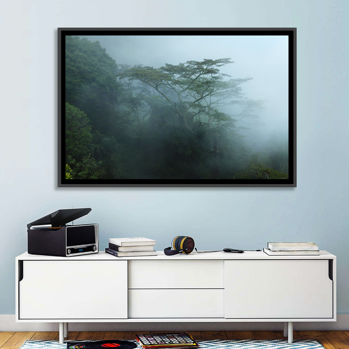 Misty Rainforest Canopy Wall Art in a room, landscape