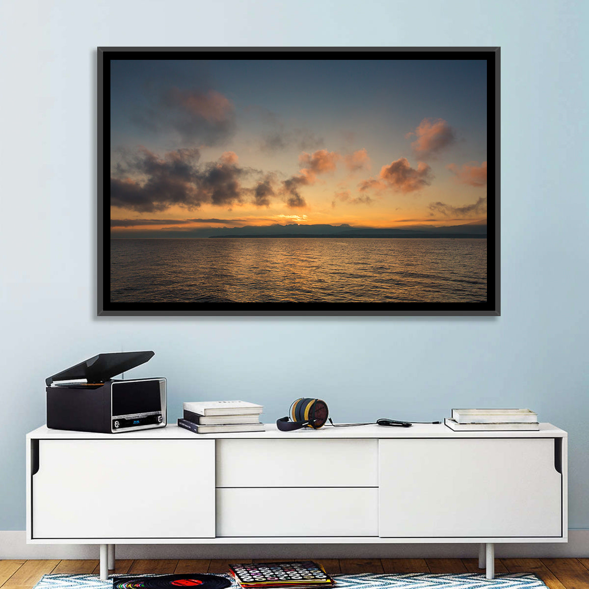 Lake Leman Golden Sunset Wall Art in a room, landscape