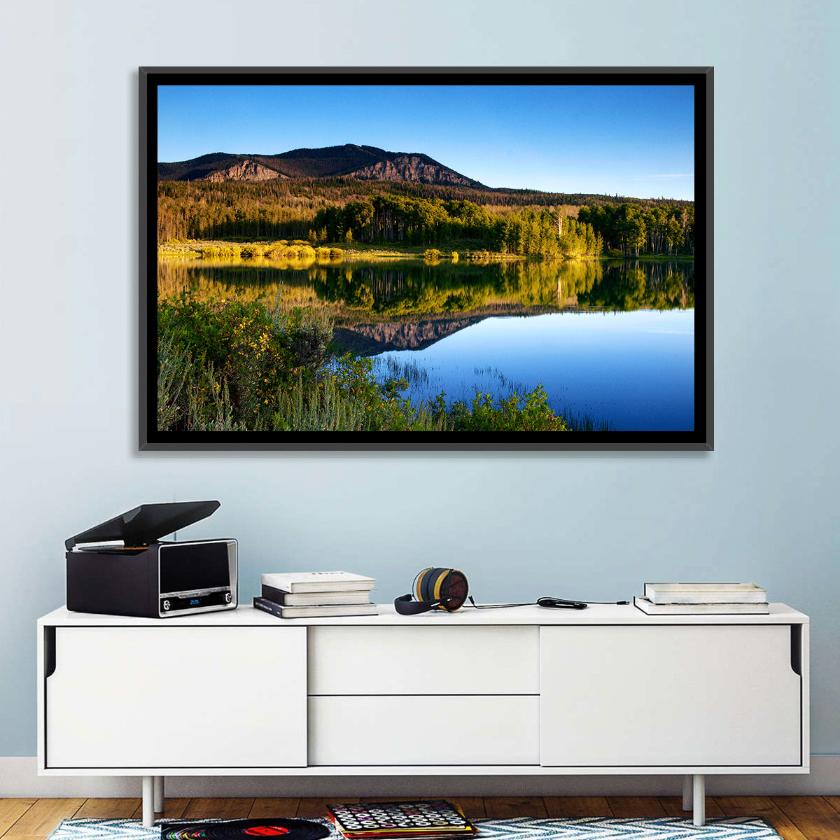 Golden Hour Mountain Lake Wall Art in a room, landscape