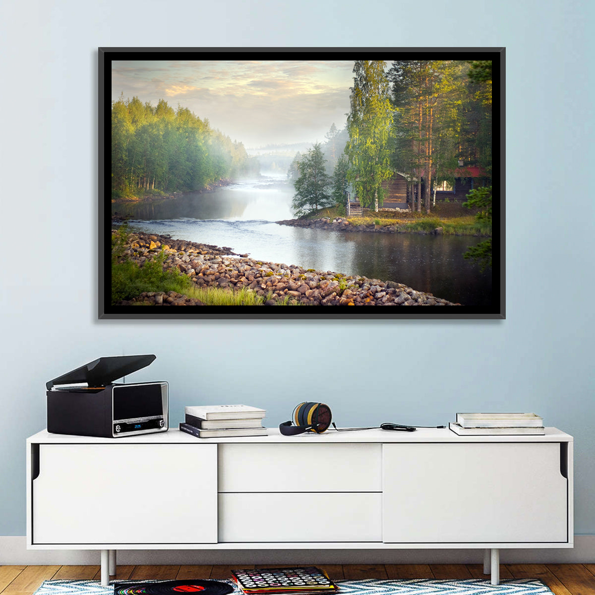 Misty River with Red Roof Cabin Wall Art in a room, landscape