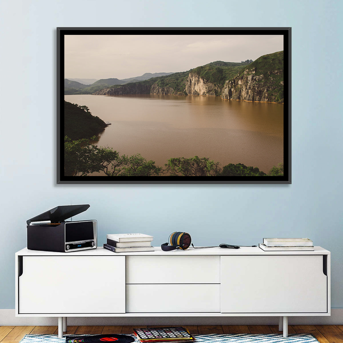 Lake Nyos Cliff View Wall Art in a room, landscape