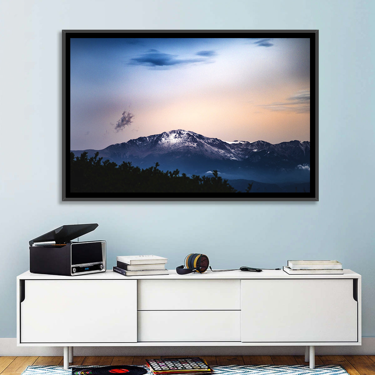 Snow-capped Pikes Peak at Dusk Wall Art in a room, landscape
