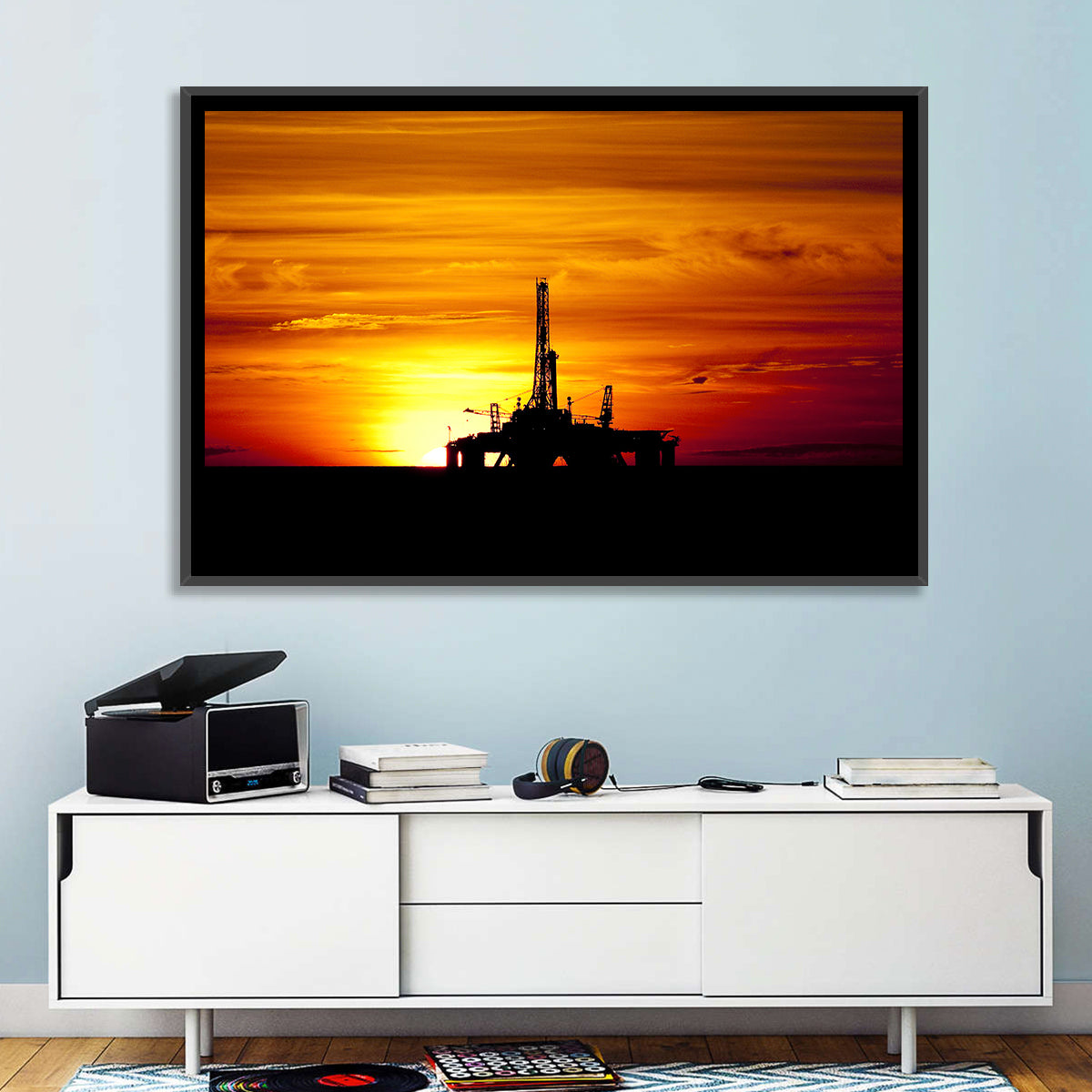 Offshore Oil Rig at Sunset Wall Art in a room, landscape