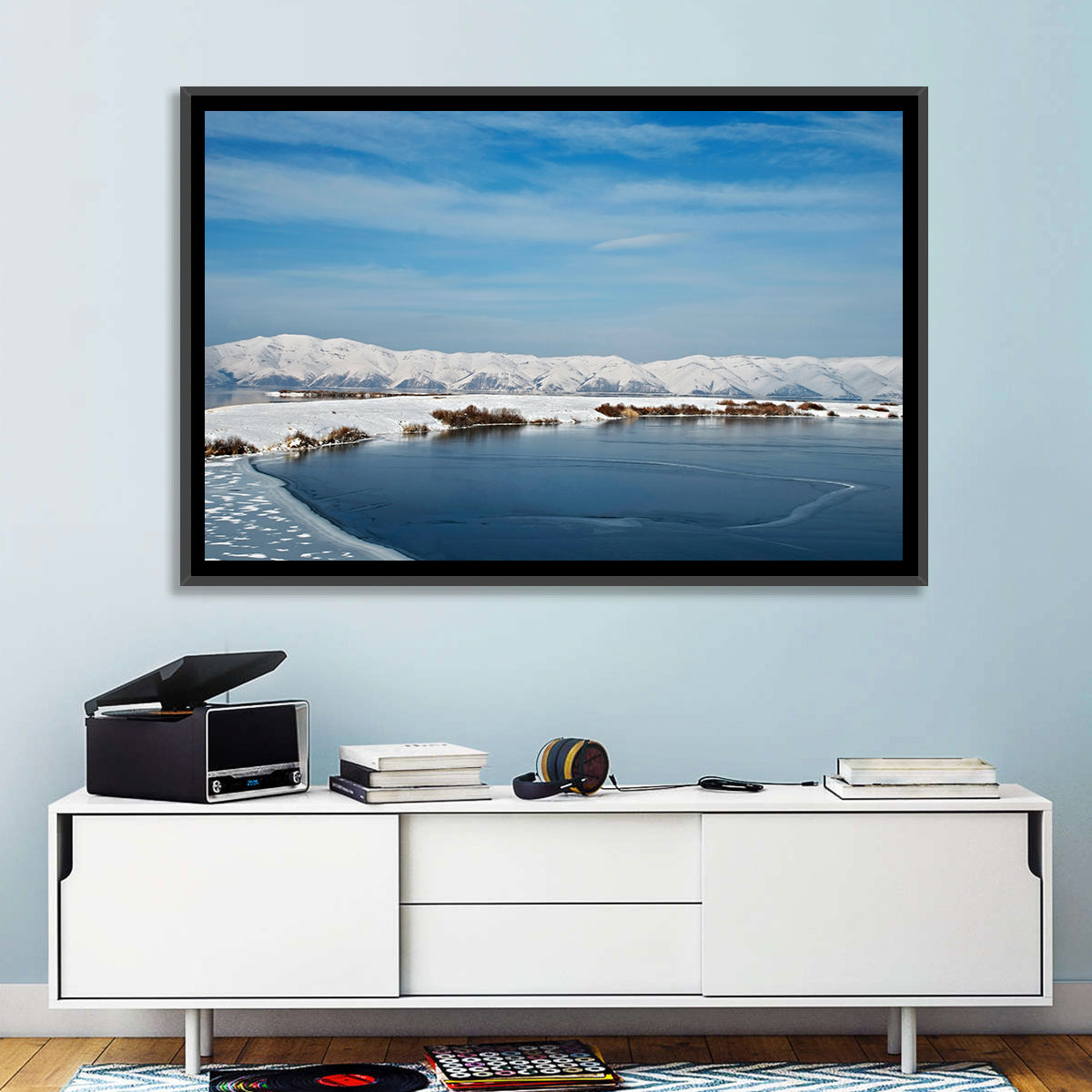 Lake Sevan Winter Landscape Wall Art in a room, landscape