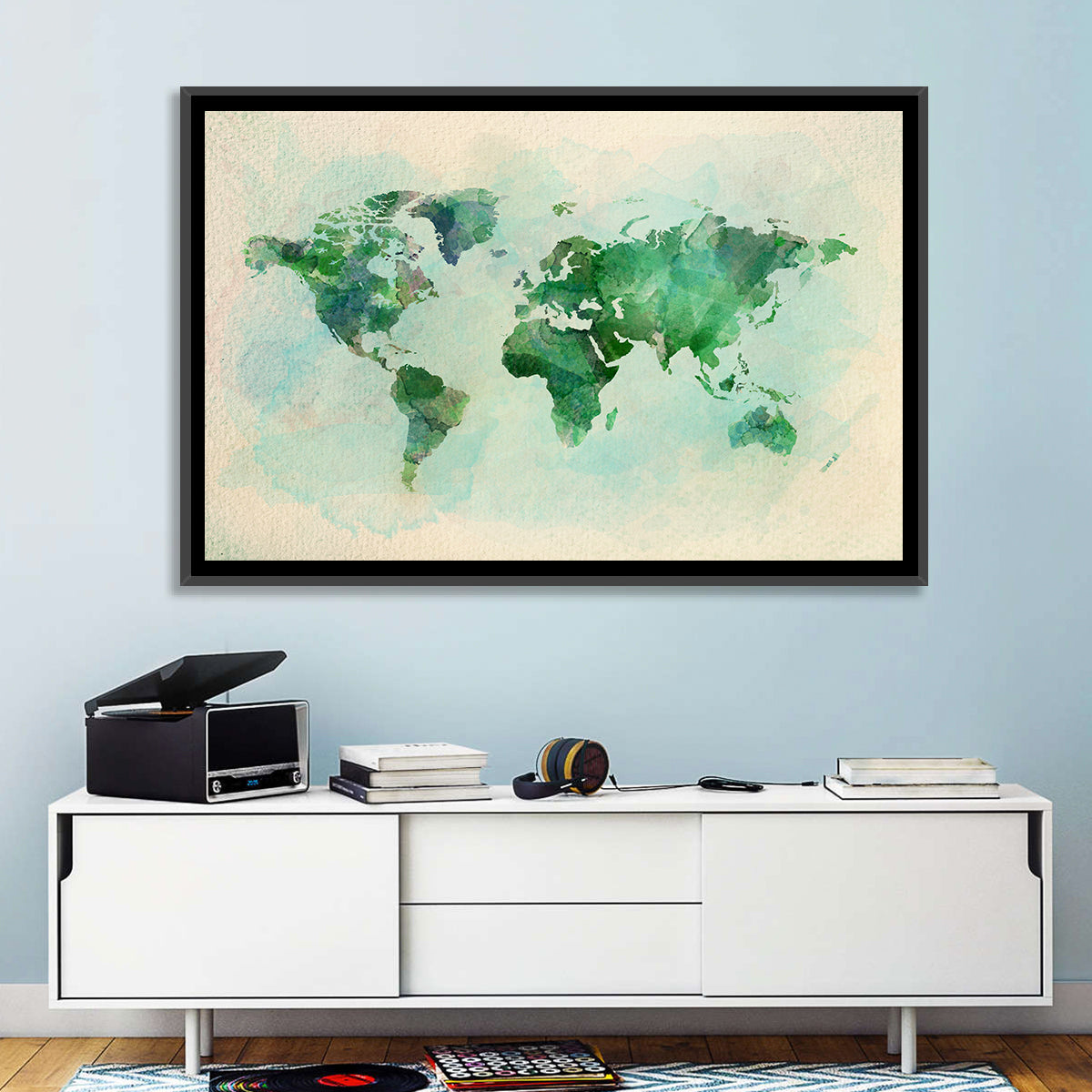 Green Watercolor World Map Wall Art in a room, landscape