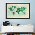 Green Watercolor World Map Wall Art