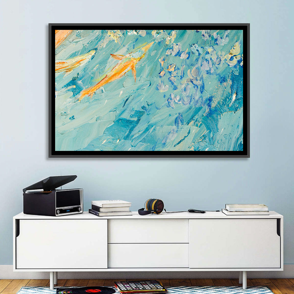 Koi in Blue Abstract Wall Art in a room, landscape