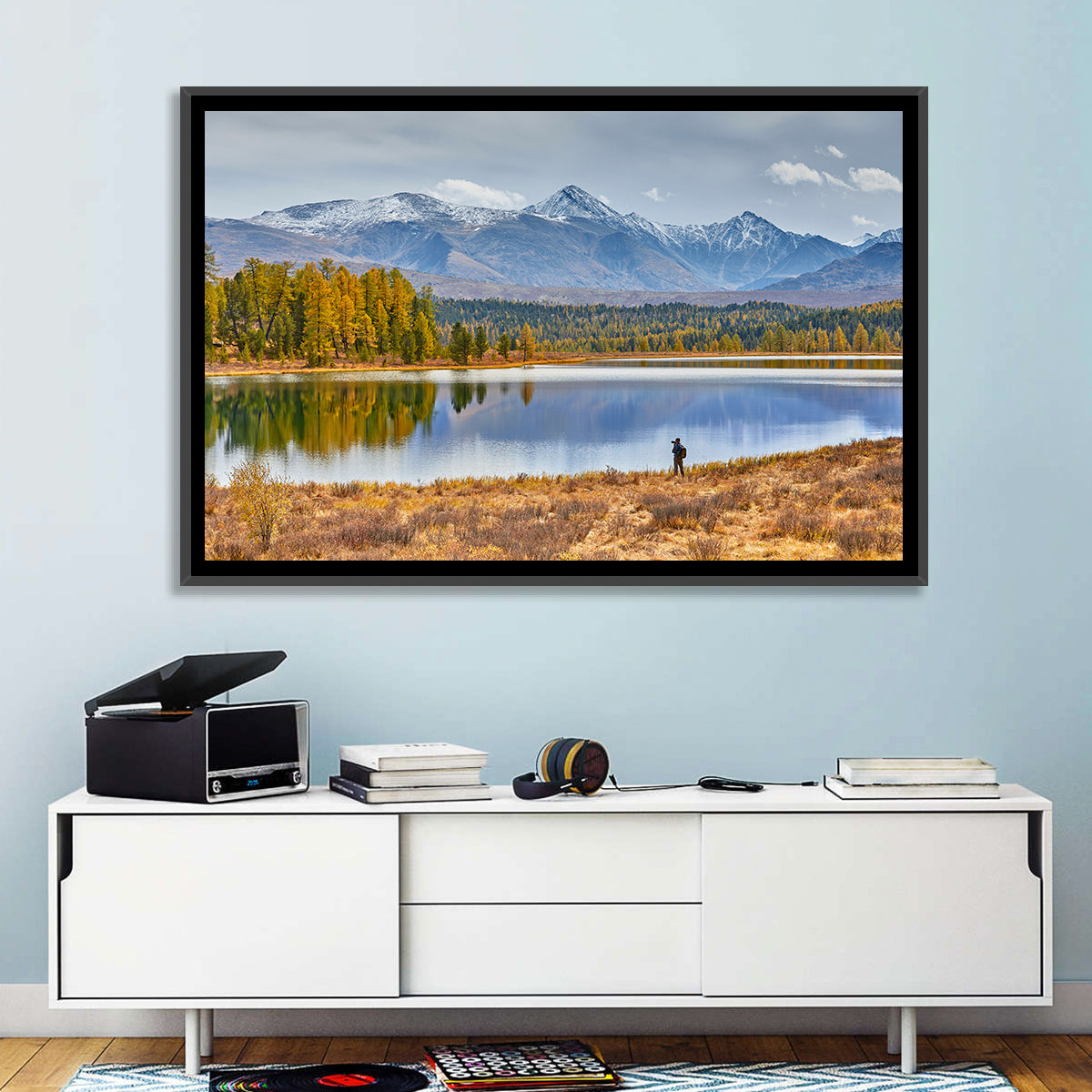 Autumn Mountain Lake Reflection Wall Art in a room, landscape