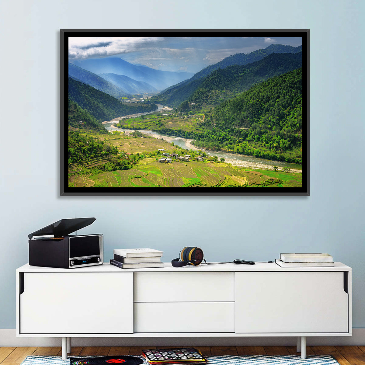 Punakha River Valley with Terraced Rice Fields Wall Art in a room, landscape