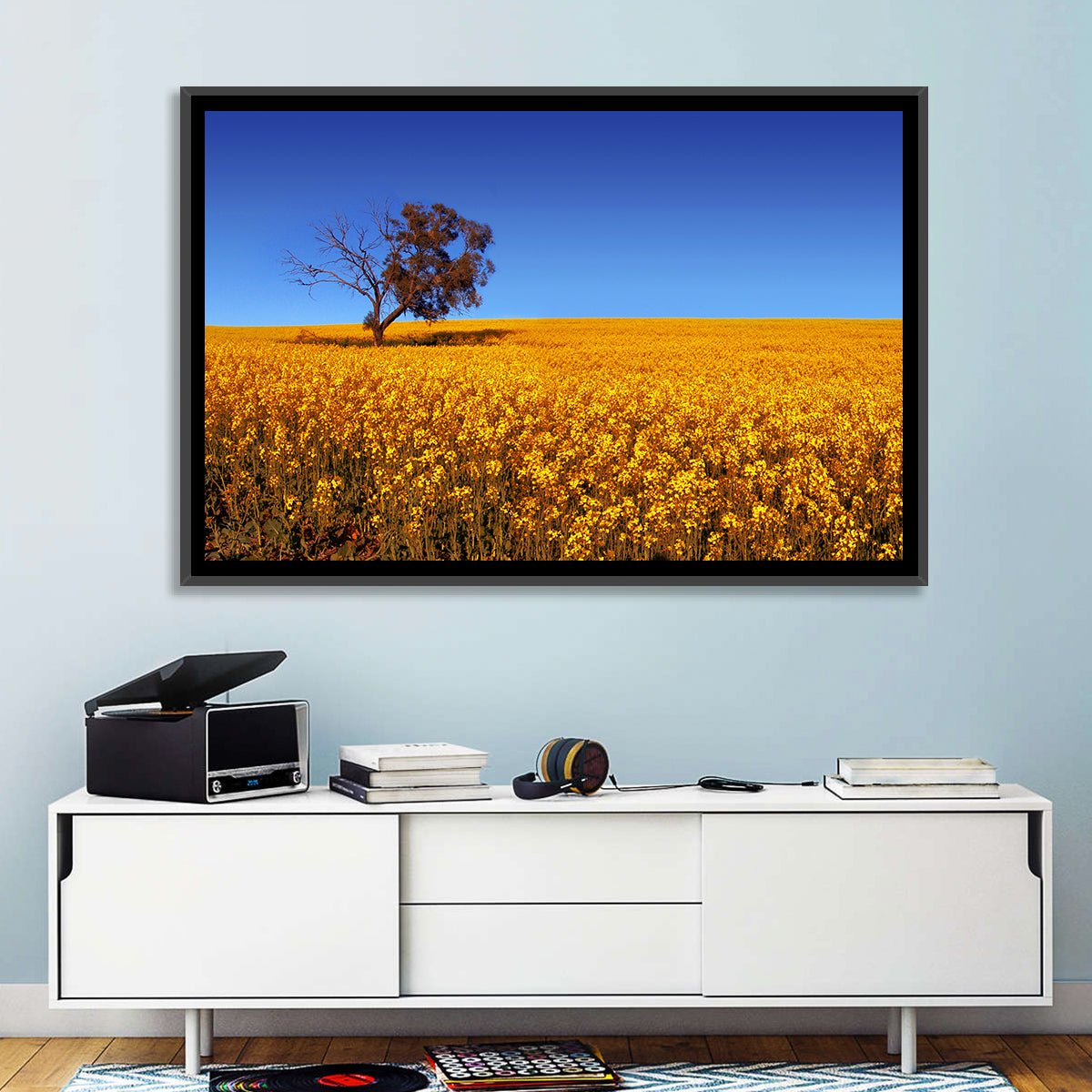 Canola Field with Lone Tree Wall Art in a room, landscape