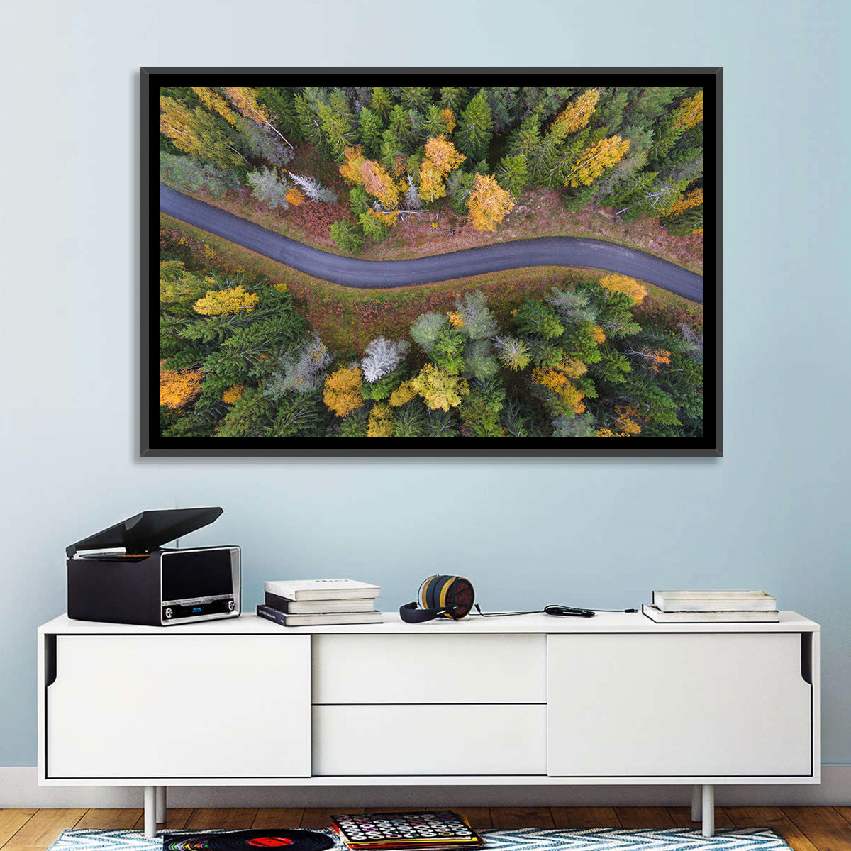 Aerial Autumn Forest Road Wall Art in a room, landscape