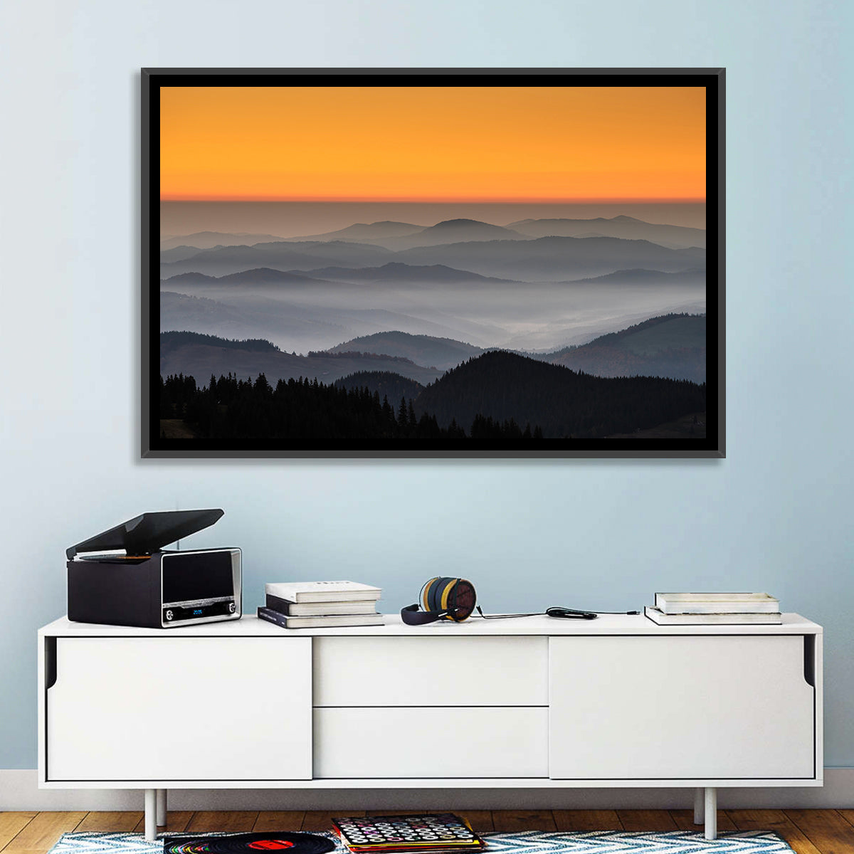 Rarau Mountains Sunrise Wall Art in a room, landscape