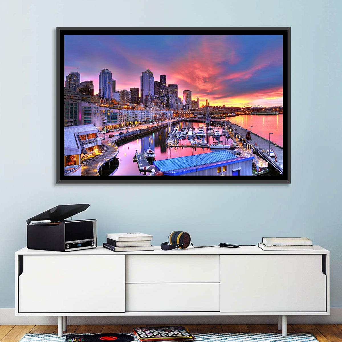 Seattle Skyline at Sunset Wall Art in a room, landscape