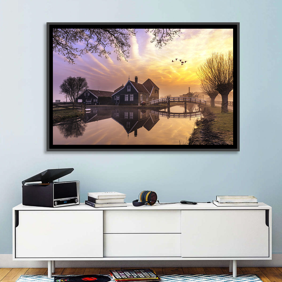 Dutch Canal House at Sunset Wall Art in a room, landscape