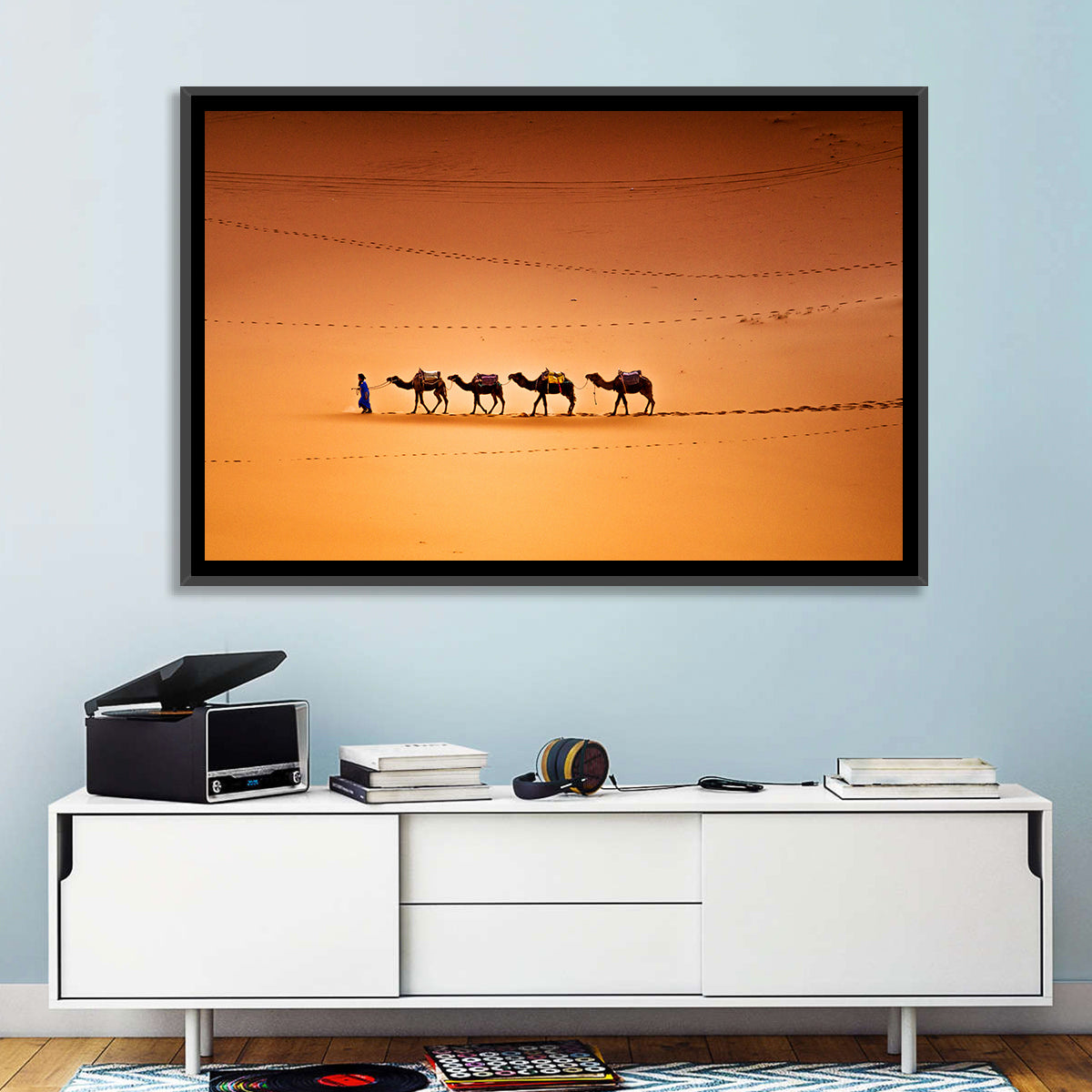 Sahara Camel Caravan Wall Art in a room, landscape