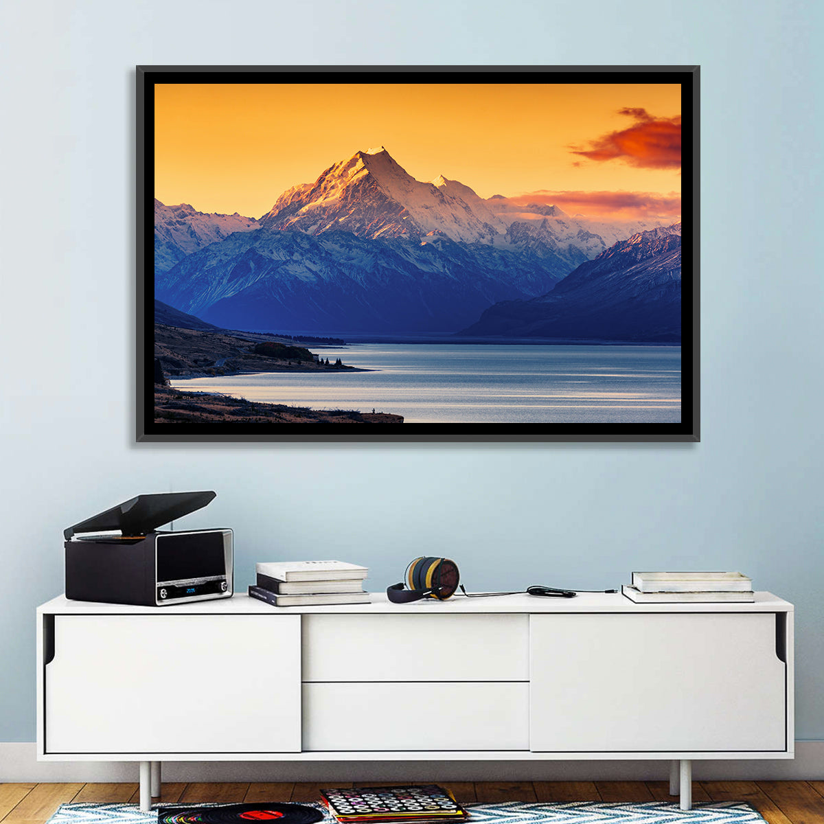 Aoraki Mount Cook Over Lake Pukaki Wall Art in a room, landscape