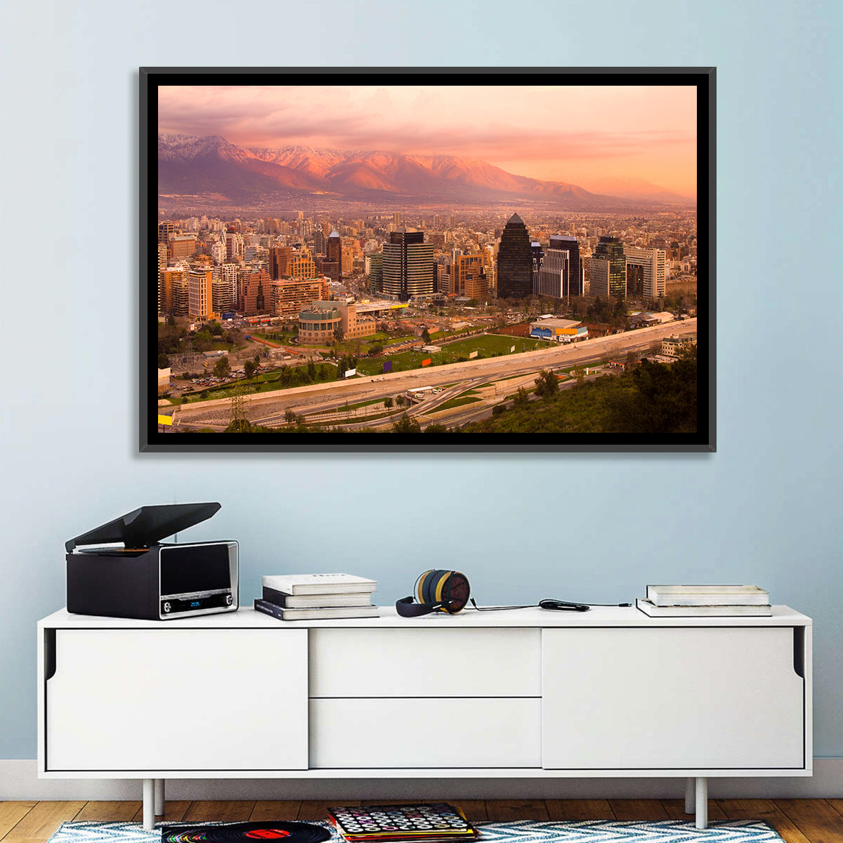 Santiago Skyline at Sunset Wall Art in a room, landscape