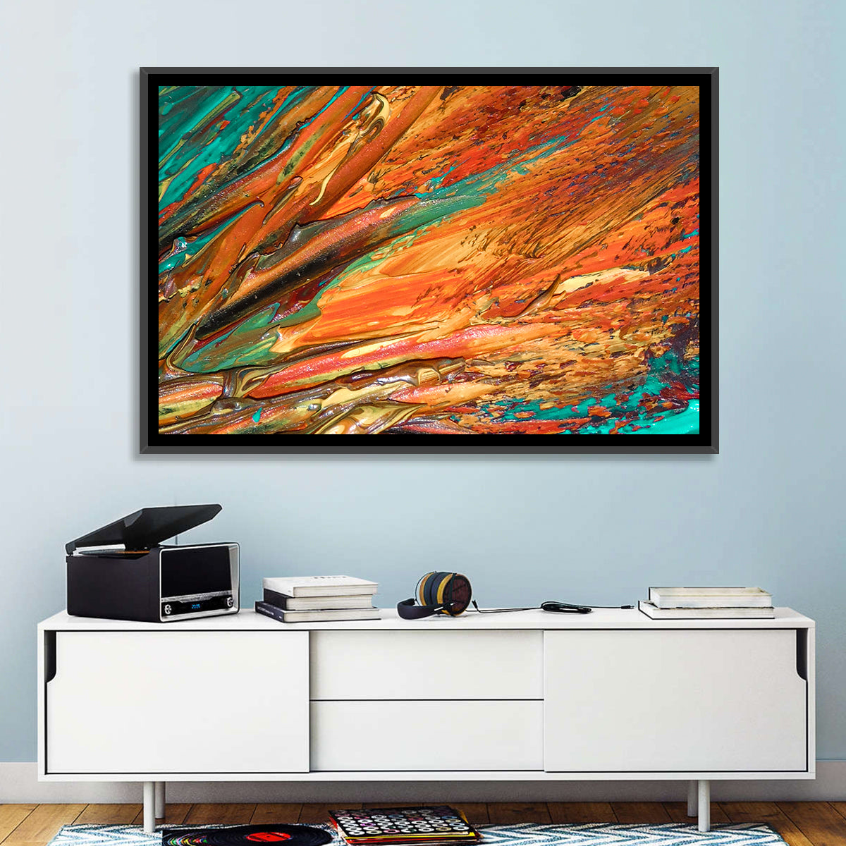 Flowing River Abstract in Orange and Teal Wall Art in a room, landscape